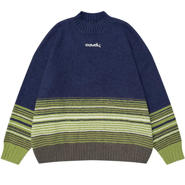 Y2K Knitted Stripe Patchwork Turtleneck Sweater - VONVEX