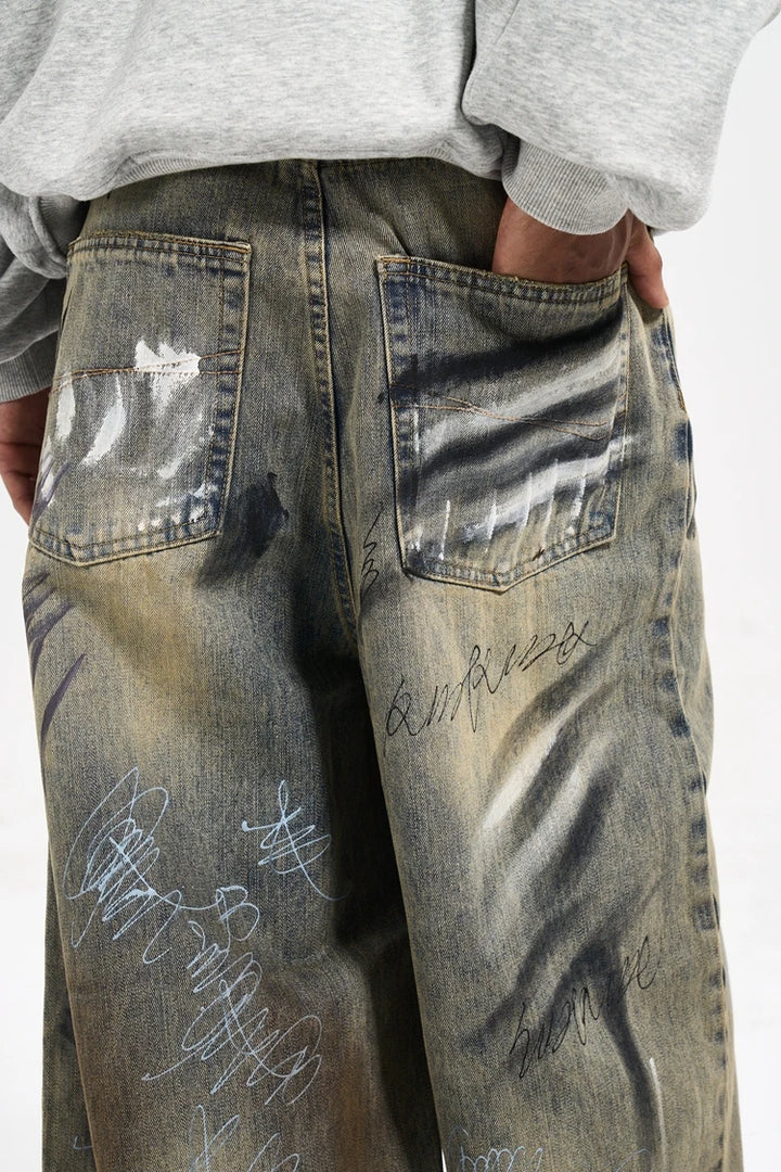Y2K Graffiti Hand Drawn Wide Leg Jeans - VONVEX