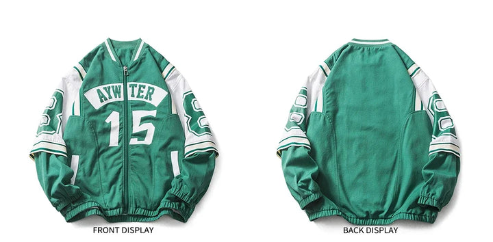 Retro Double-sleeved Green Varsity Jacket     - VONVEX