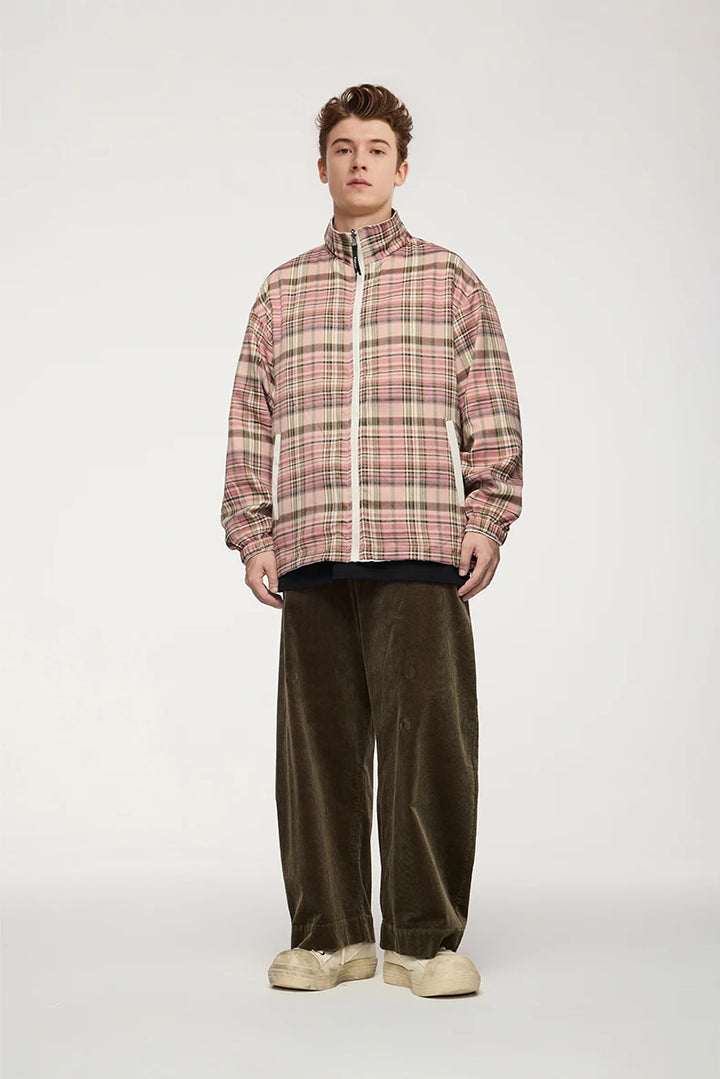 Reversible Stand Collar Plaid Jacket - VONVEX