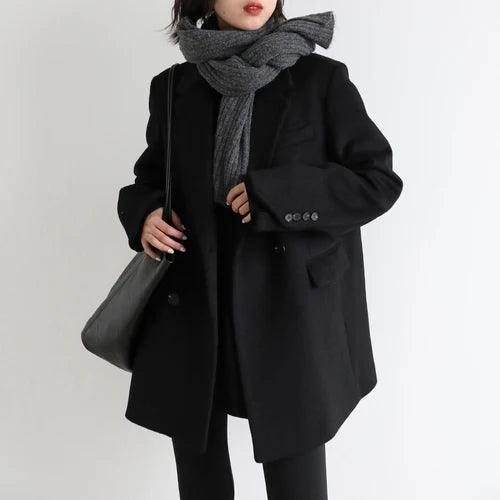 Solid Blend Wool Women's Coat  Black XL  - VONVEX