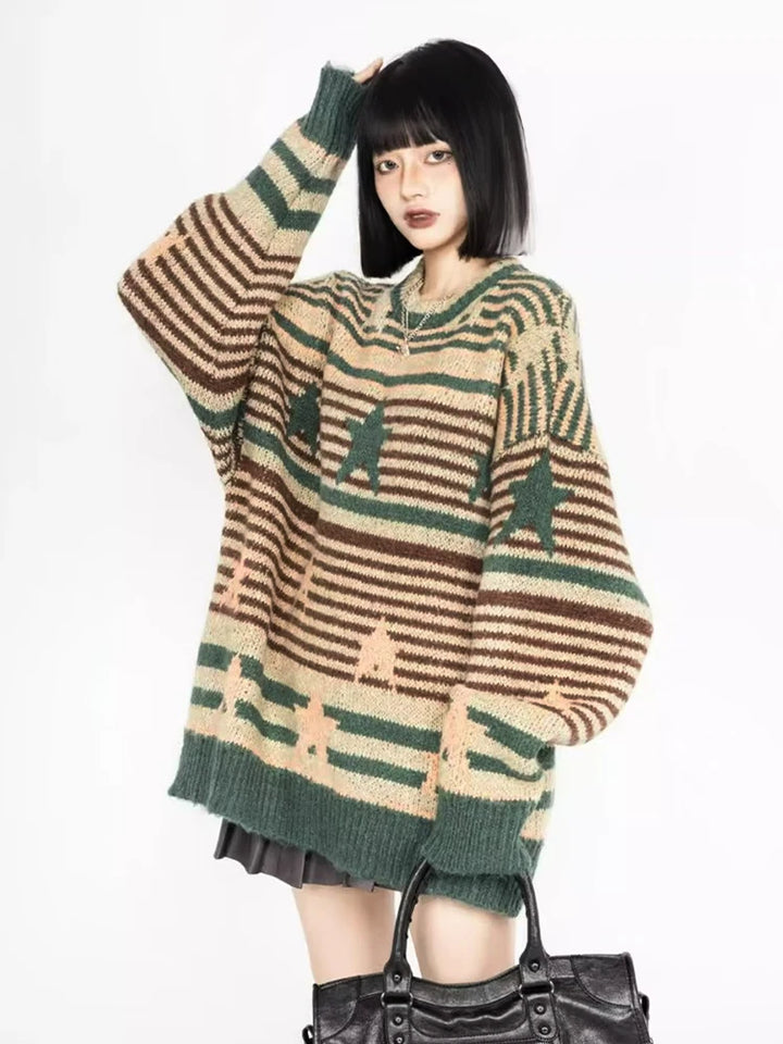 Y2K Starry Strips Oversized Sweater     - VONVEX