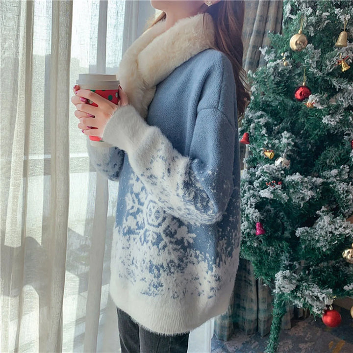 Turtleneck Snow Flake Sweater Blue One Size - VONVEX