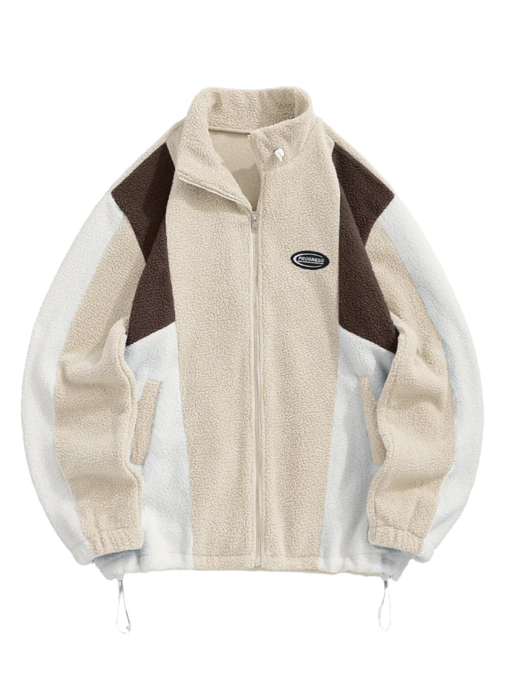 Color Block Fluffy Fleece Jacket  Light Coffee S  - VONVEX