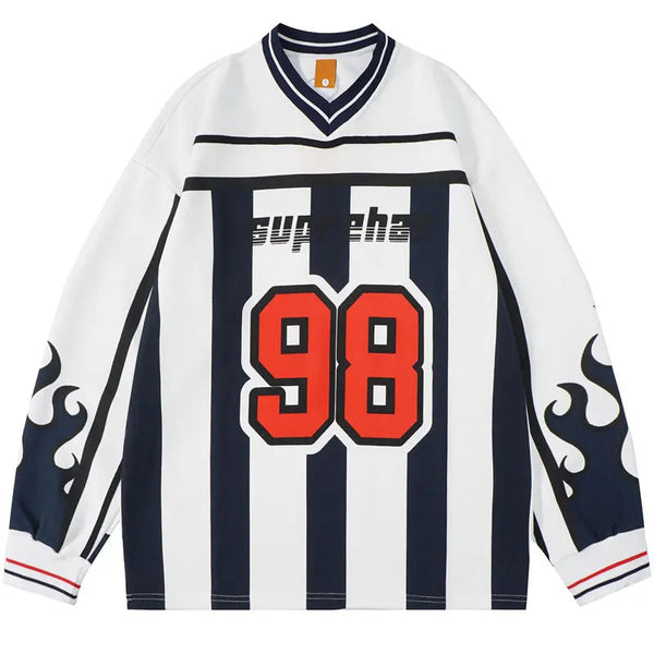 Y2K Jersey Flame Sleeves Striped Sweater - VONVEX