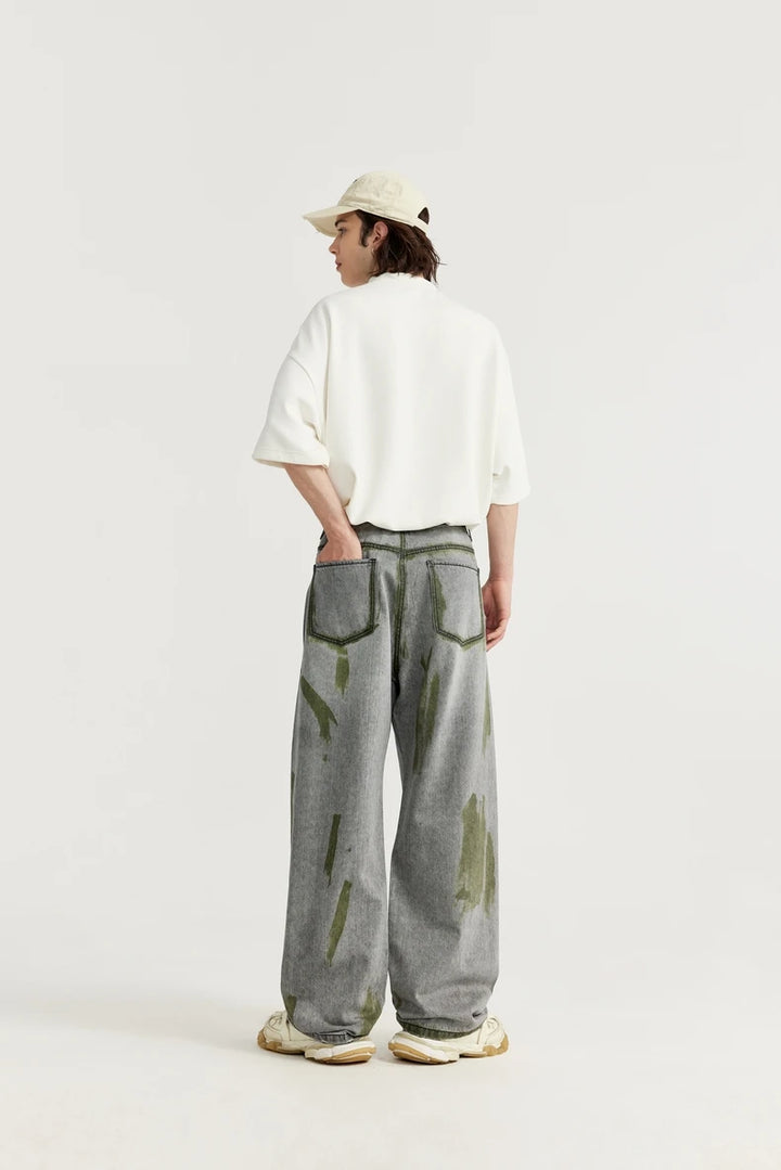 Casual Green Painted Wide-Leg Jeans     - VONVEX