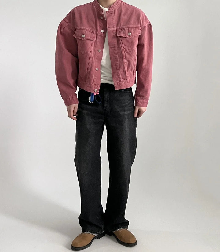 Stand Collar Short Denim Jacket     - VONVEX