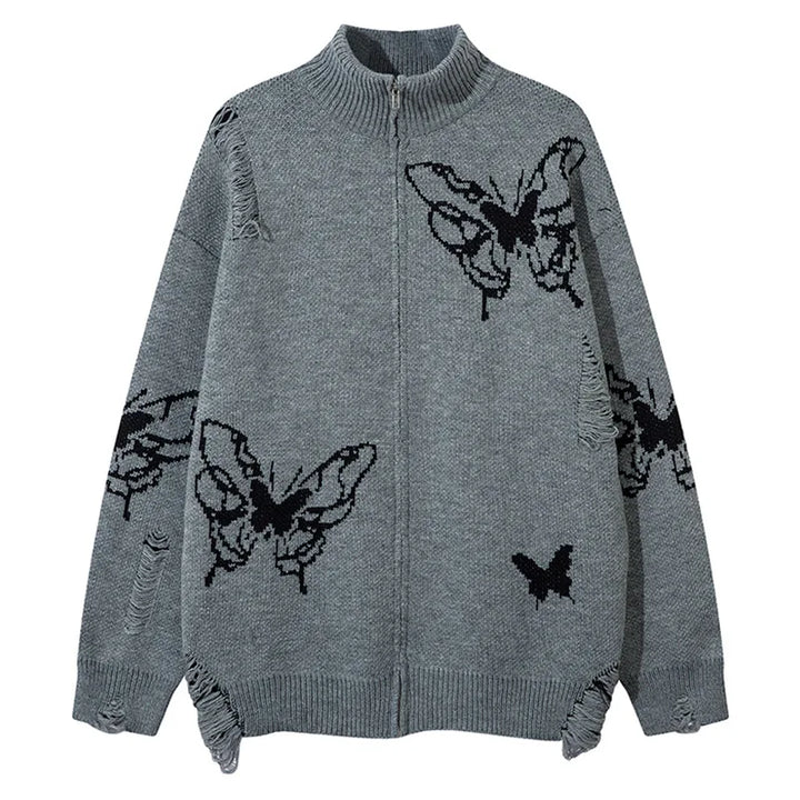 Oversized Butterfly Zip Up Cardigan Gray S - VONVEX