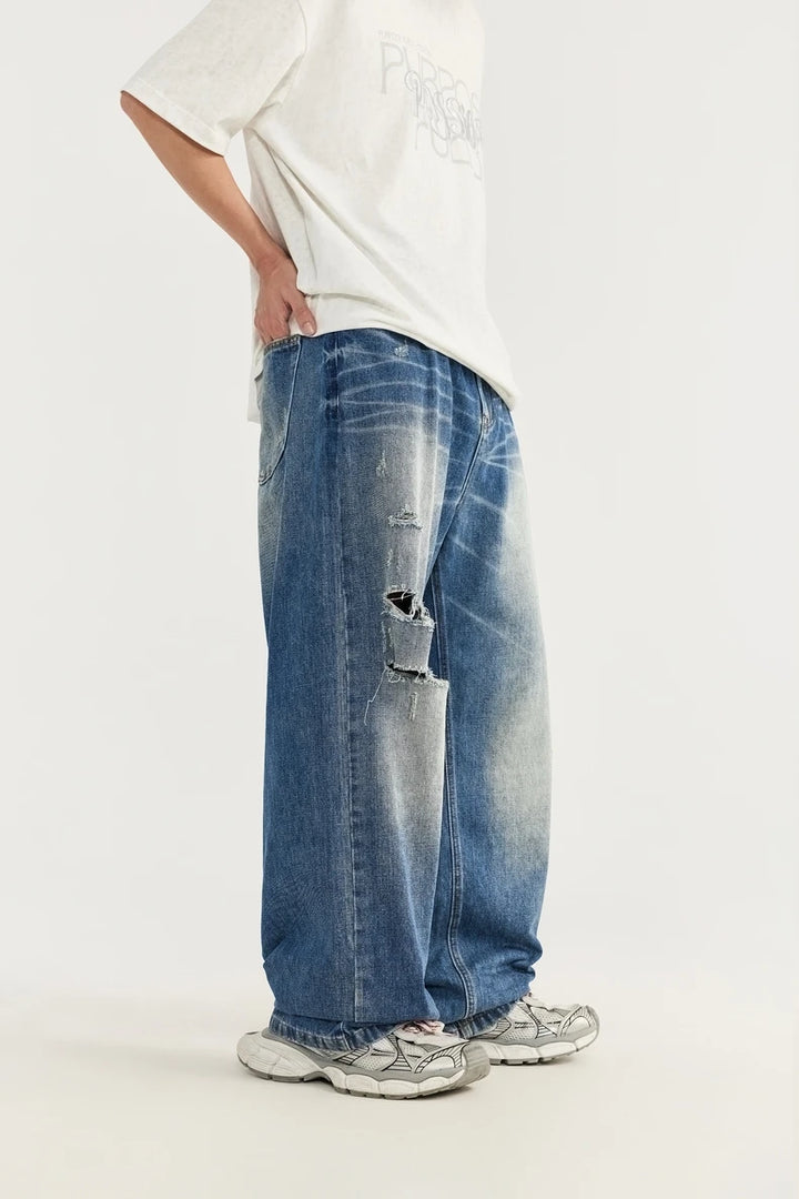 Retro Ripped Wide Leg Blue Denim Pant     - VONVEX