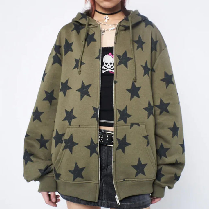 Y2K Star-Print Oversized Hoodie     - VONVEX