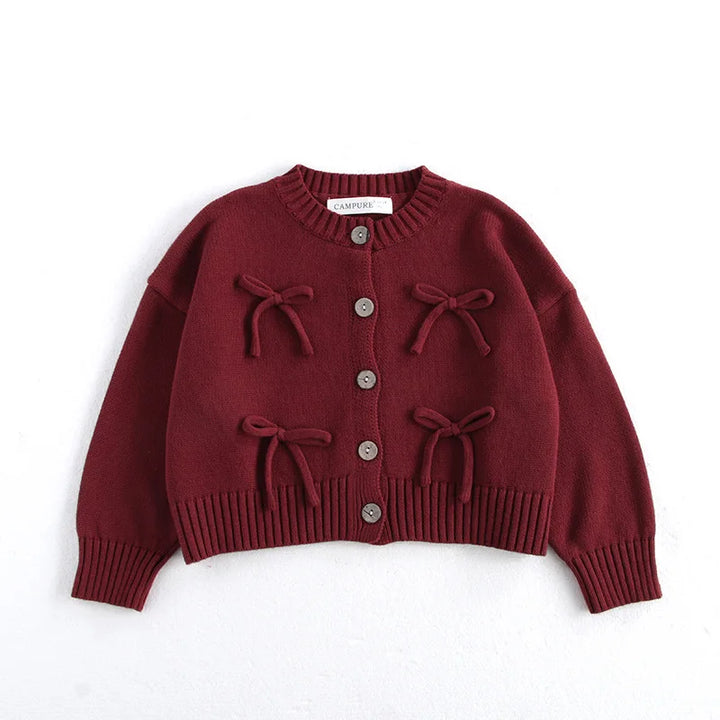 Long Sleeved O-neck Bowknot Red Cardigen Red S - VONVEX