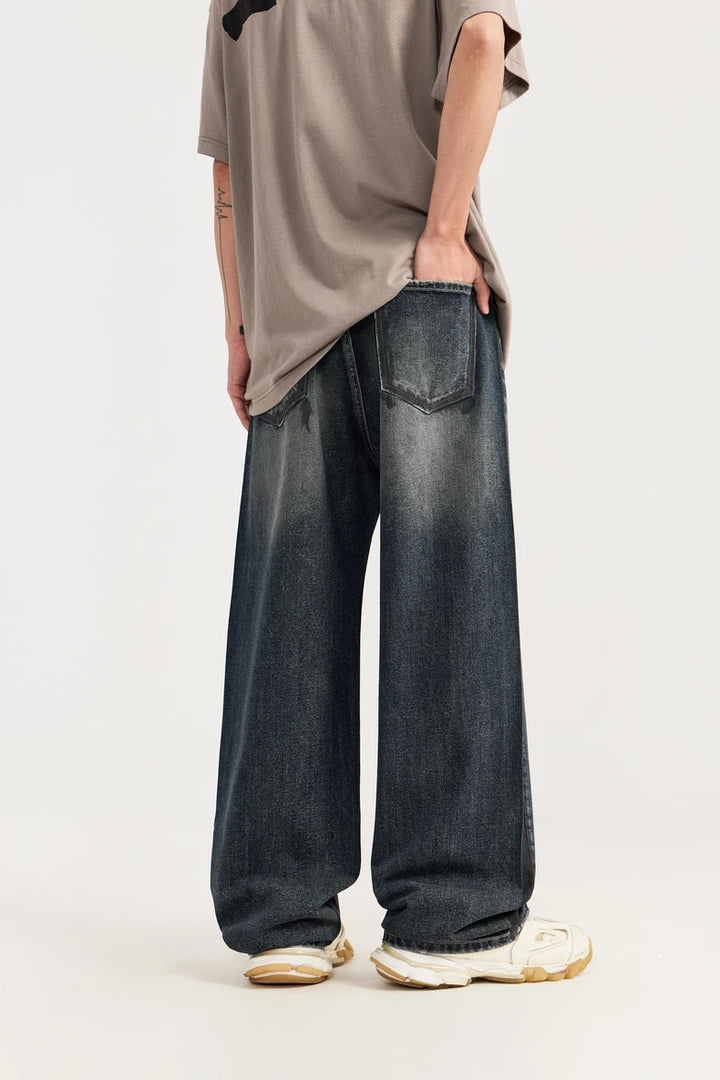 Washed Wide Leg Blue Denim Jeans     - VONVEX