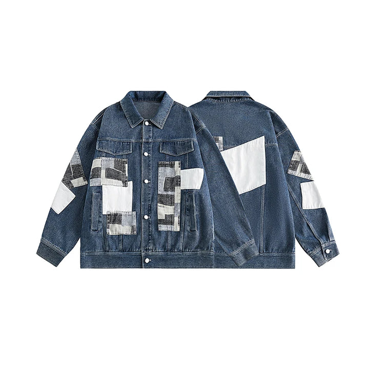 Color Block Patches Denim Jacket     - VONVEX