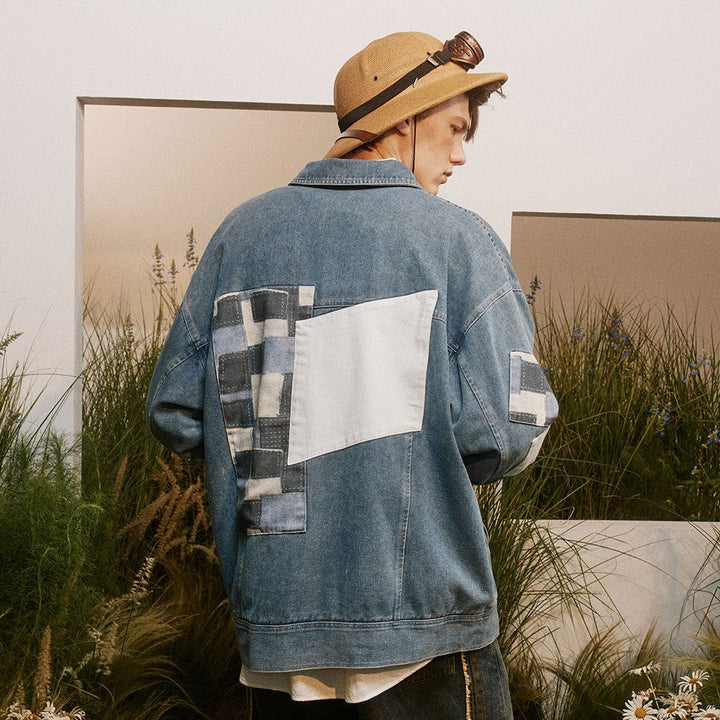 Color Block Patches Denim Jacket     - VONVEX