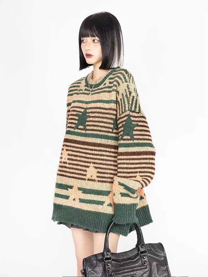 Y2K Starry Strips Oversized Sweater     - VONVEX