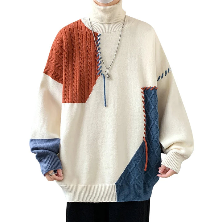 Patchwork Different Color Patched Sweater - VONVEX