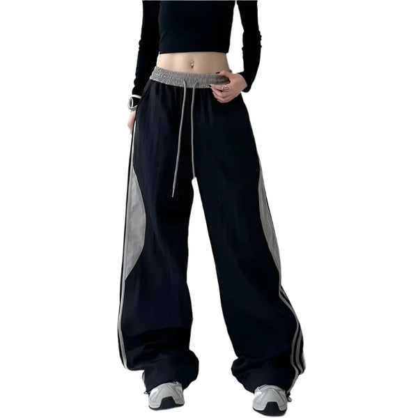 Patchwork Striped Sports Wide Leg Pants - VONVEX