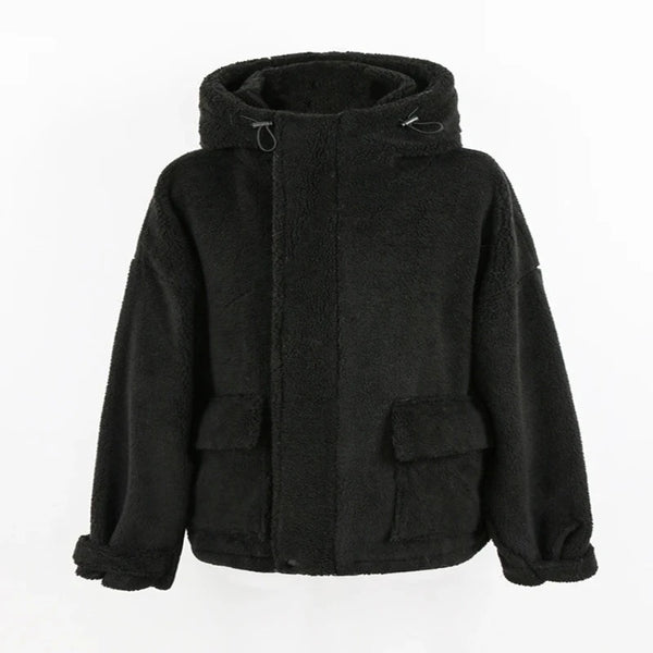 Casual Faux Lamb Fur Oversized Coat  Black S  - VONVEX