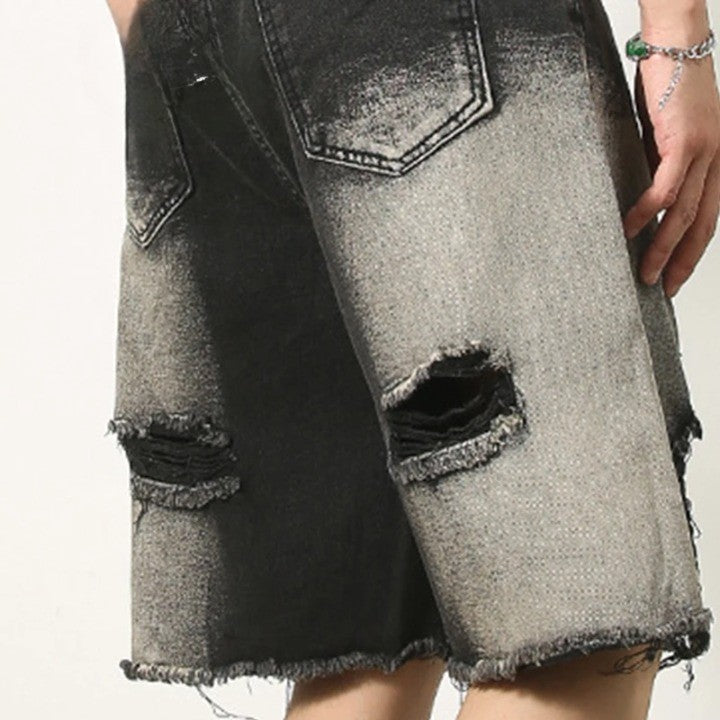 Ripped Straight Leg Denim Short     - VONVEX