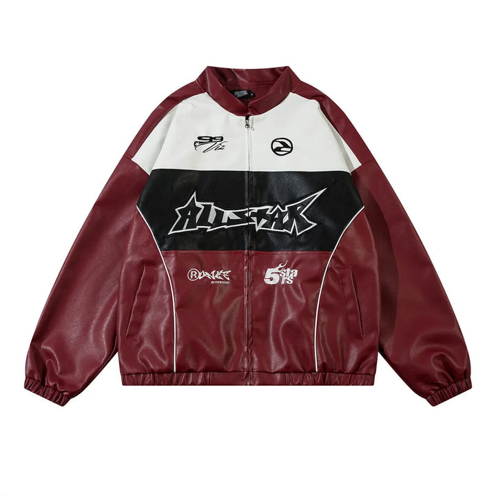 Y2k Motorbike Spliced Leather Jacket Burgundy M - VONVEX