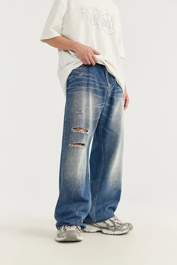 Retro Ripped Wide Leg Blue Denim Pant     - VONVEX