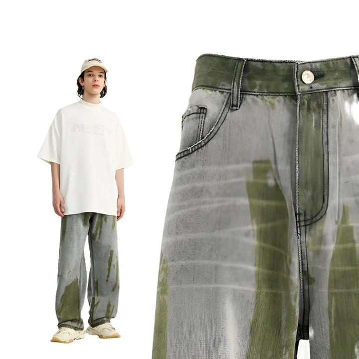 Casual Green Painted Wide-Leg Jeans     - VONVEX