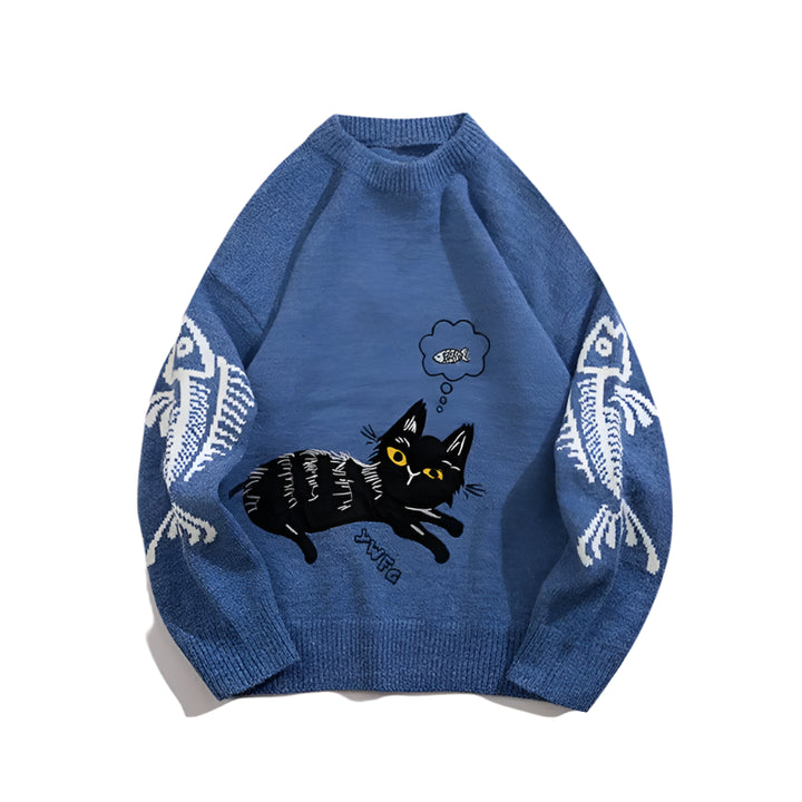 Y2k Street Cute Cat Knitted Sweater Blue M - VONVEX