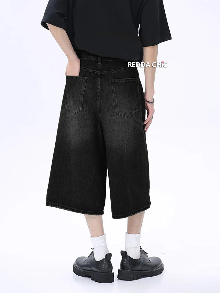 REDDACHiC Retro Black Whiskers Denim Shorts Men Distressed Frayed Baggy Jorts Casual Wide Leg Short Pants Hiphop Y2k Streetwear - VONVEX
