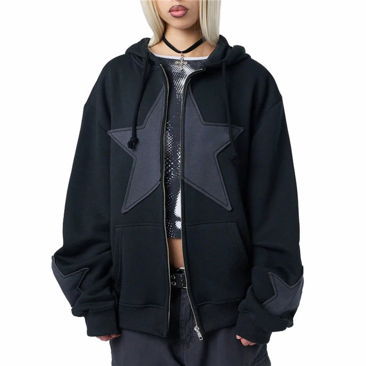 Y2K Star-Patch Zip-Up Hoodie     - VONVEX