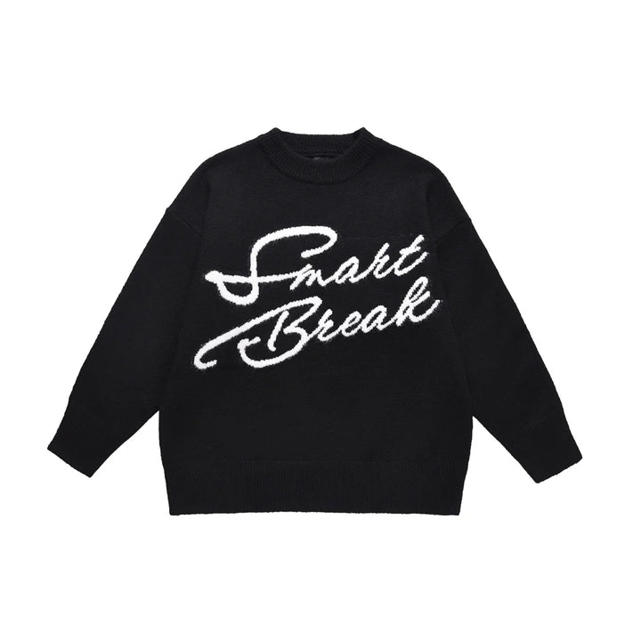 Letter Embroidery Crew Neck Sweater Black M - VONVEX