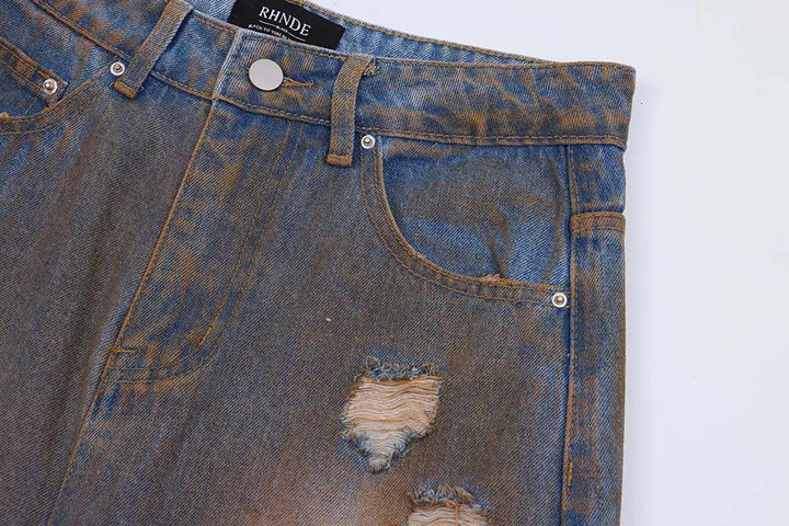 Y2K Distressed Ripped Denim Jeans     - VONVEX