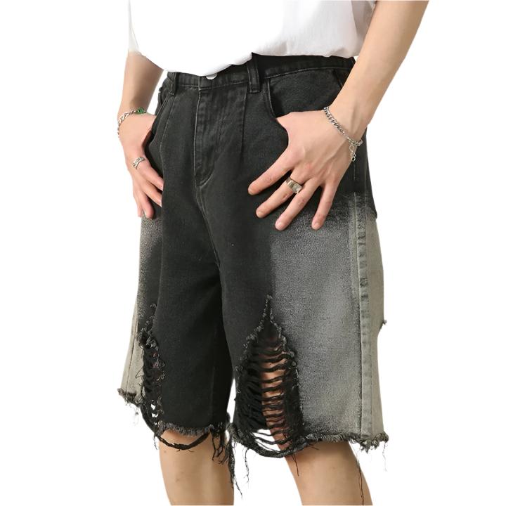 Ripped Straight Leg Denim Short     - VONVEX