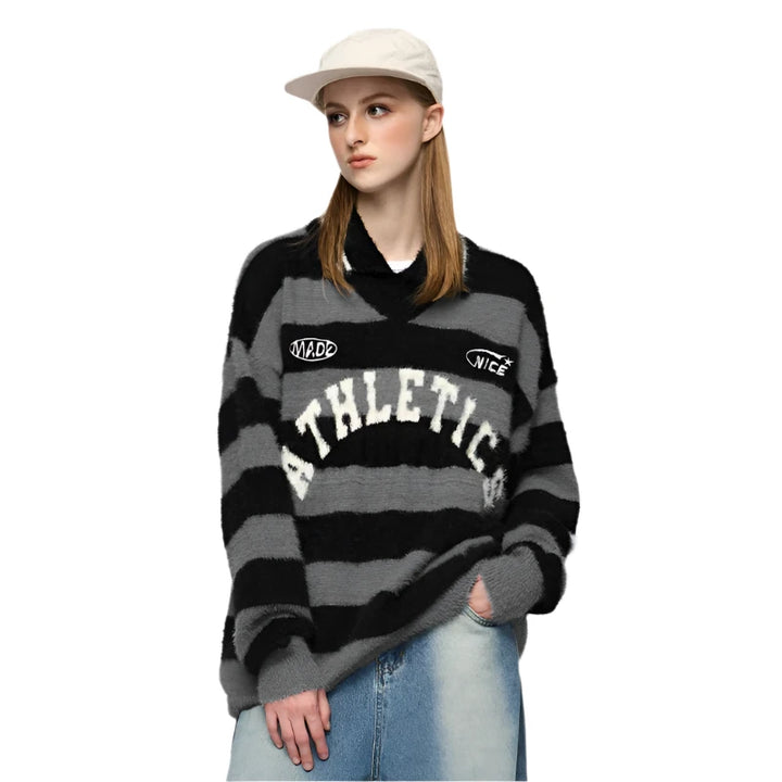 Wide Striped Jacquard Fit Sweater Black M - VONVEX