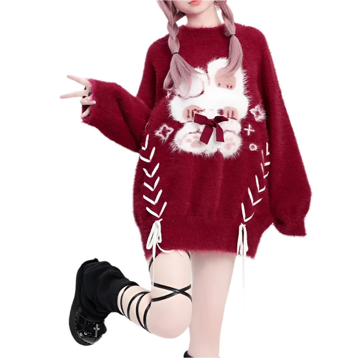 Red Kawaii Knitted Bunny Sweater - VONVEX