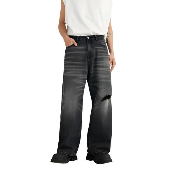 Retro Washed Black Ripped Wide-Leg Jeans     - VONVEX