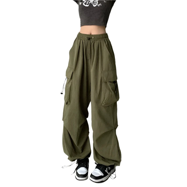 Y2k Neon Pulse Parachute Sweatpants  army green S  - VONVEX