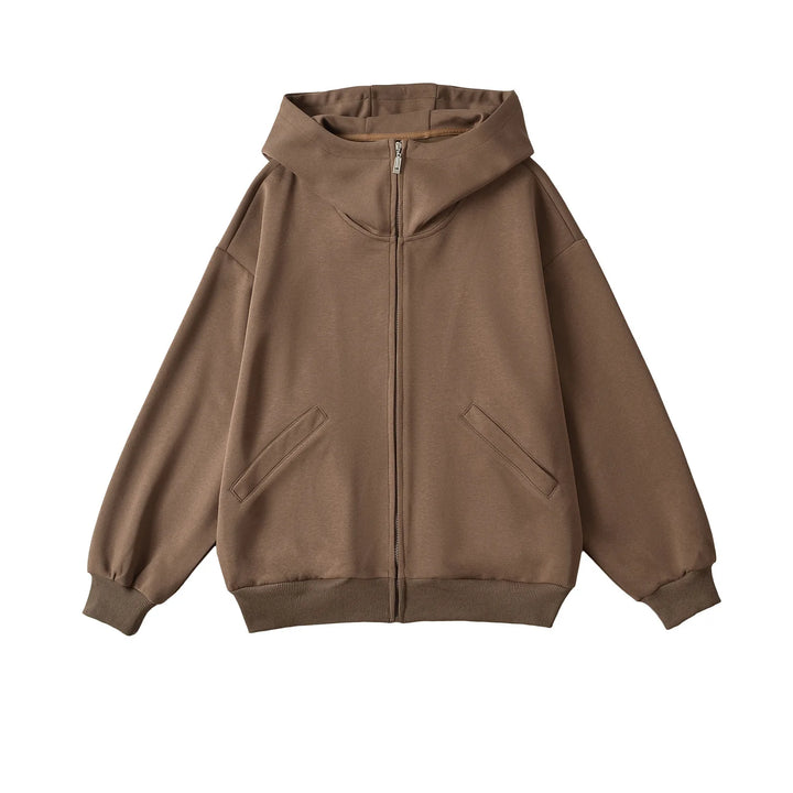 Basic Zipper Heavy Hoodie Brown S - VONVEX