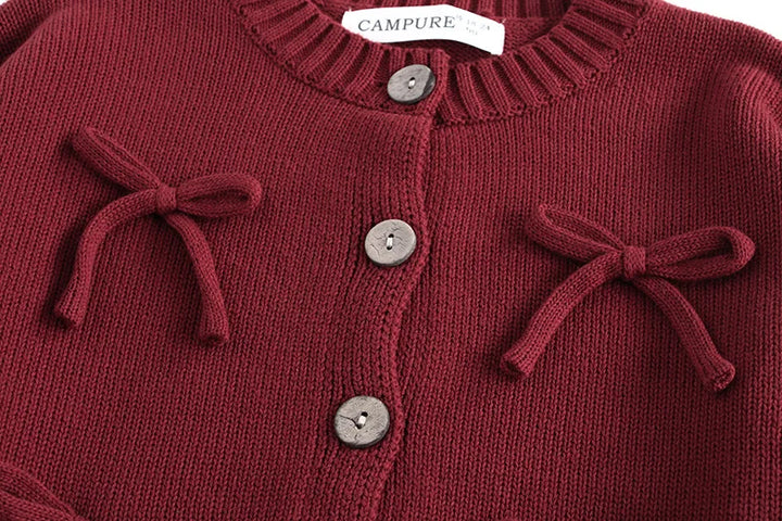 Long Sleeved O-neck Bowknot Red Cardigen - VONVEX