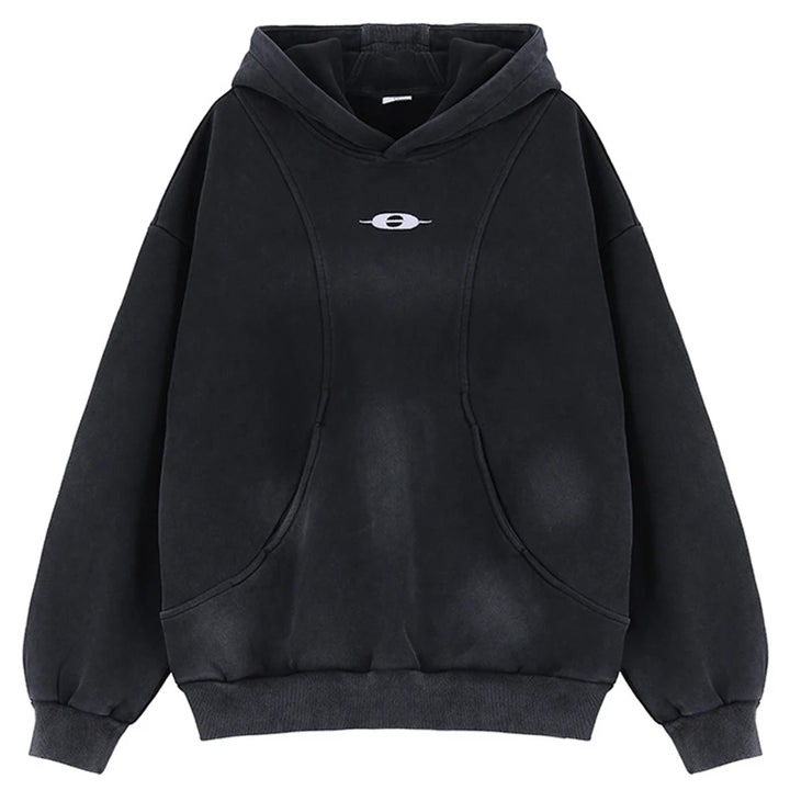 Y2k Embroidery Washed Patchwork Hoodie black M - VONVEX