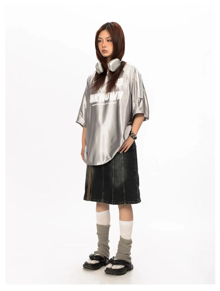 Y2K Metallic Silver Oversized T-Shirt     - VONVEX