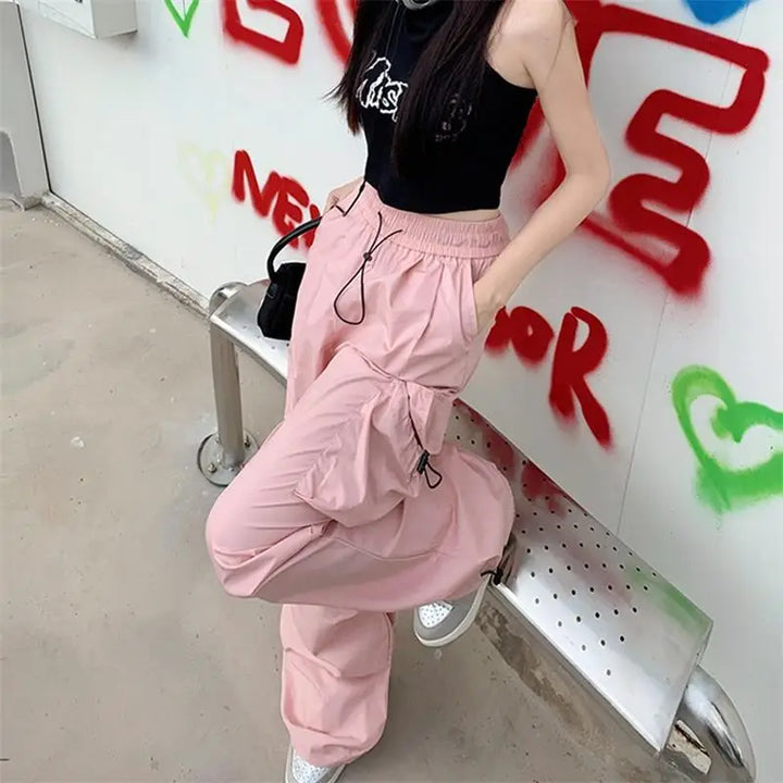 Y2k Neon Pulse Parachute Sweatpants  Pink S  - VONVEX