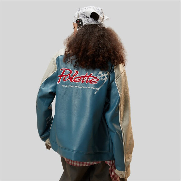 Waterproof Color block Leather Varsity Jacket     - VONVEX