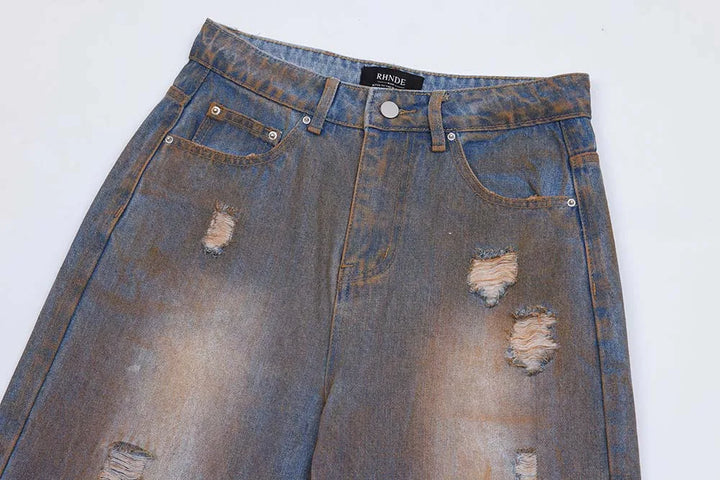 Y2K Distressed Ripped Denim Jeans     - VONVEX