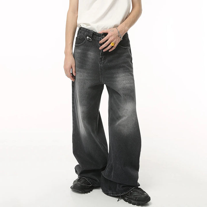 Distressed Wide Leg Baggy Denim Jeans     - VONVEX