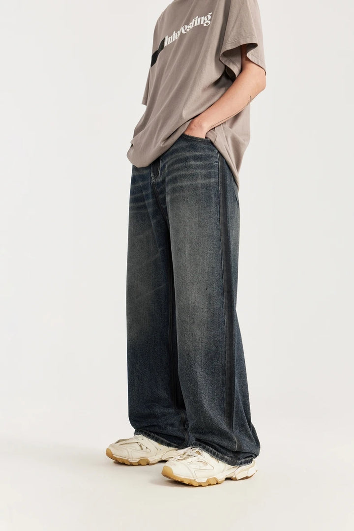 Washed Wide Leg Blue Denim Jeans     - VONVEX