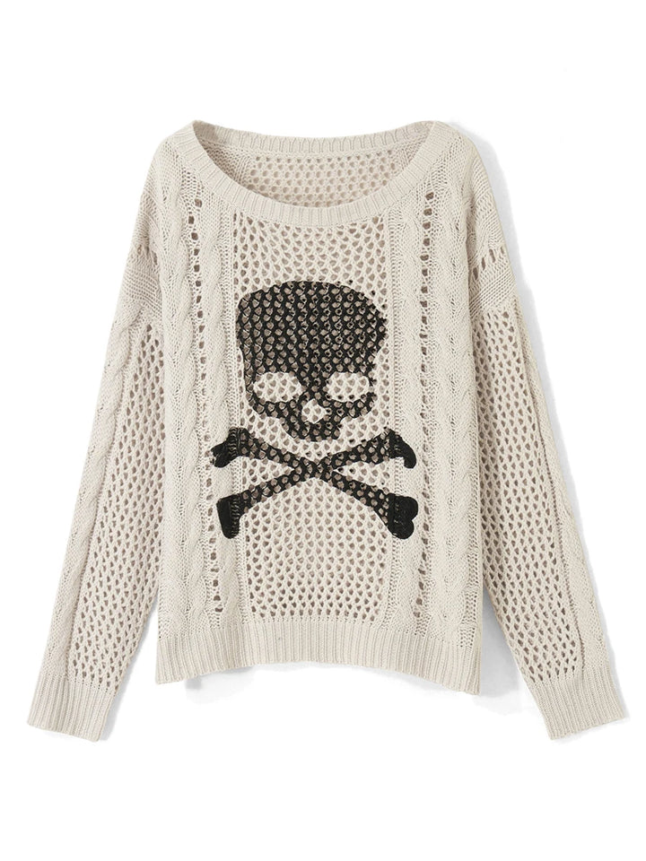 Y2K Skull Graphic Distressed Knit Sweater  Beige S  - VONVEX