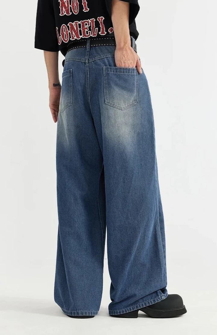 Classic Washed Denim Blue Jeans     - VONVEX