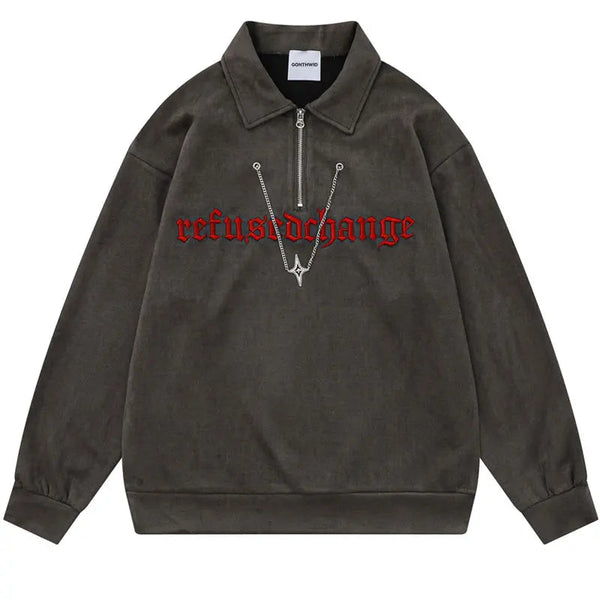 Y2K Embroidery Letter Half Zipper Sweater Grey M - VONVEX