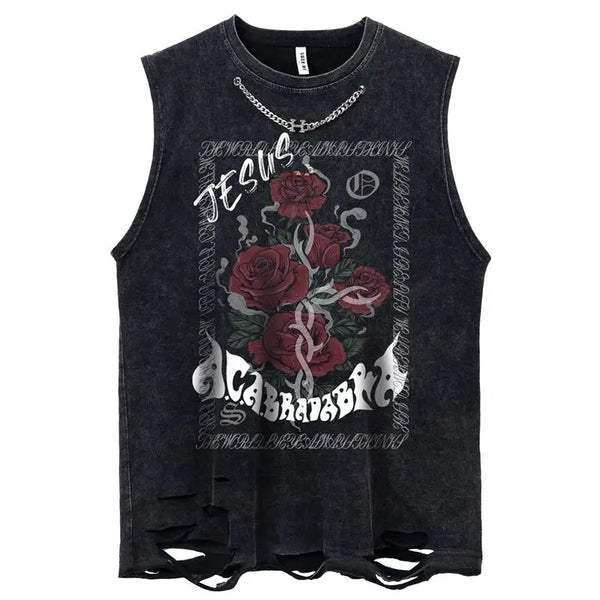 Metal Embellished Rose Washed Distressed Tank Top  Black M  - VONVEX