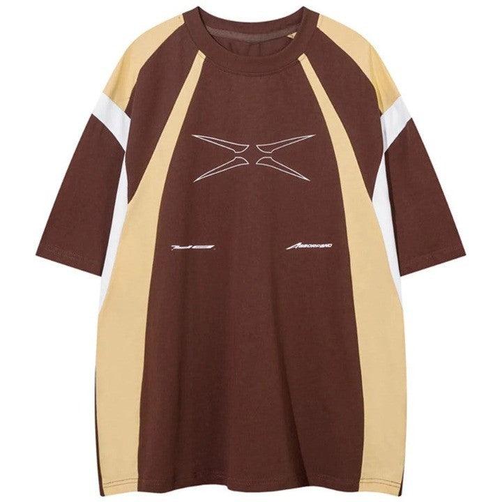 Patchwork Stripped Oversized T-Shirt  Brown S  - VONVEX